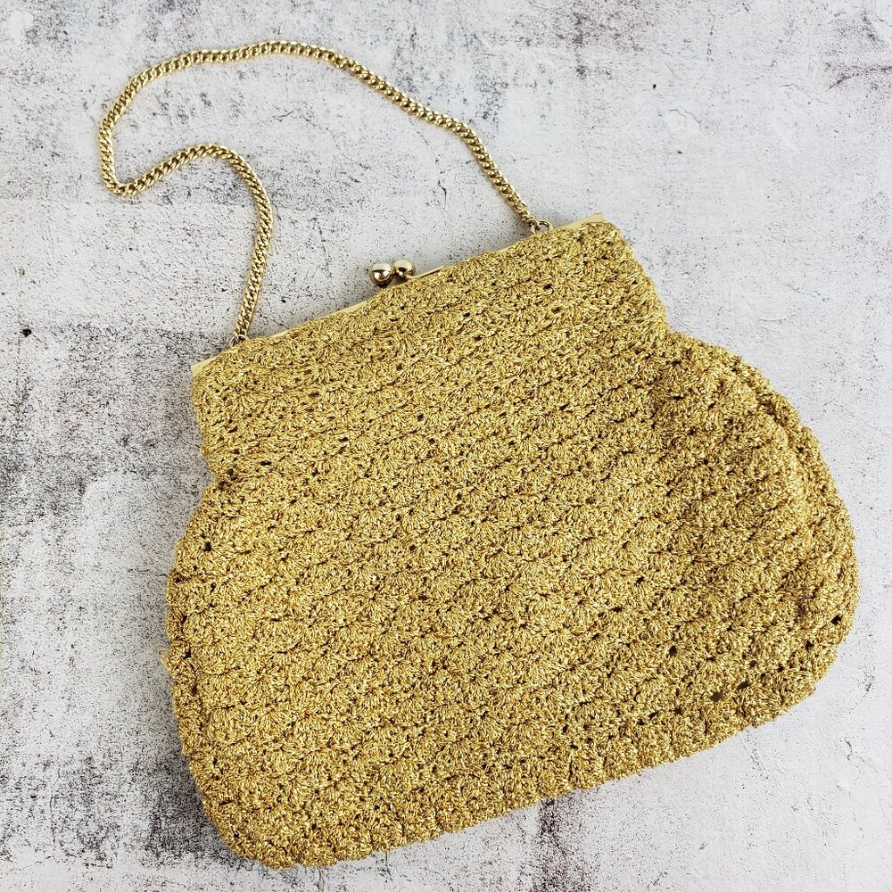 Vintage Mini Clasp Purse Clutch Gold Metallic Crochet Evening Cocktail Boho